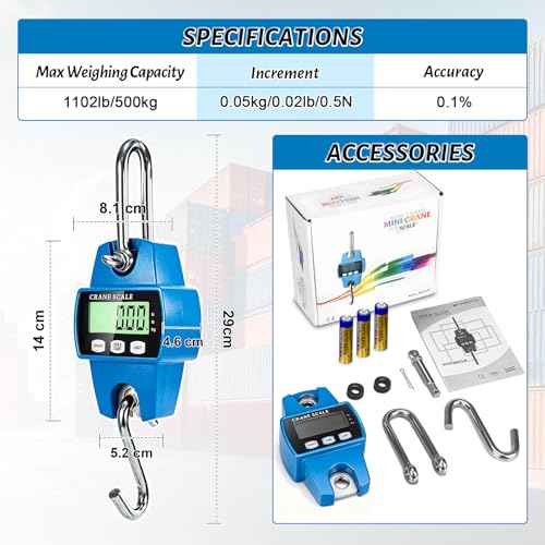 Digital Hanging Scale, 1100lb/500kg Crane Scale, Small Crane Scale with LCD Display and Hooks, Aluminum Alloy Body for Hunting, Outdoor, Fishing, Farm (Blue) - color: Blue-1100lb