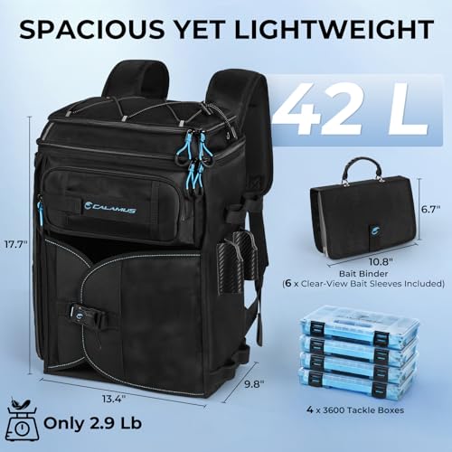 Calamus GearMaster Tackle Backpack with Bait Binder, Large Lightweight Water-Resistant Fishing Bag, Rod Holders, Food Storage - color: Black With (4) 3600 Tackle Boxes