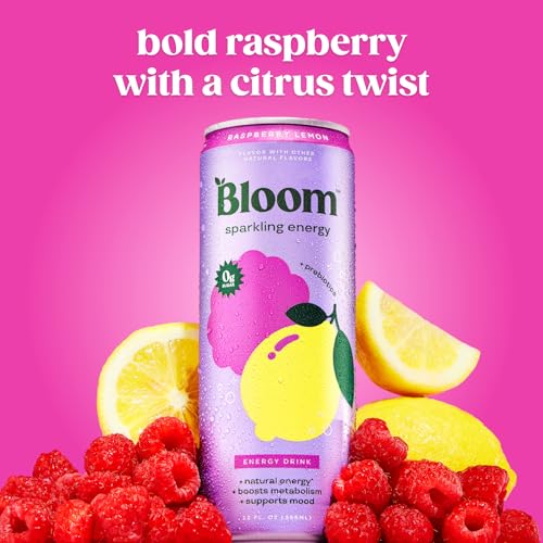 Bloom Nutrition Sparkling Energy Drink for Focus, Natural Caffeine, Zero Sugar, 180mg Caffeine, Antioxidant-Rich with Green Coffee Bean, Green Tea Extract, & Prebiotics, Raspberry Lemon 12oz 12 Pack - size: 12 Fl Oz (Pack of 12)