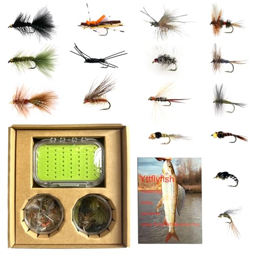 Fly Fishing Flies Assortment Kit, 42 Pieces of Dry, Wet, Nymphs, Streamers, Wooly Buggers, Terrestrials, for Trout Bass Salmon Steelhead, with Silicone Fly Box, Fly Fishermen Gift
