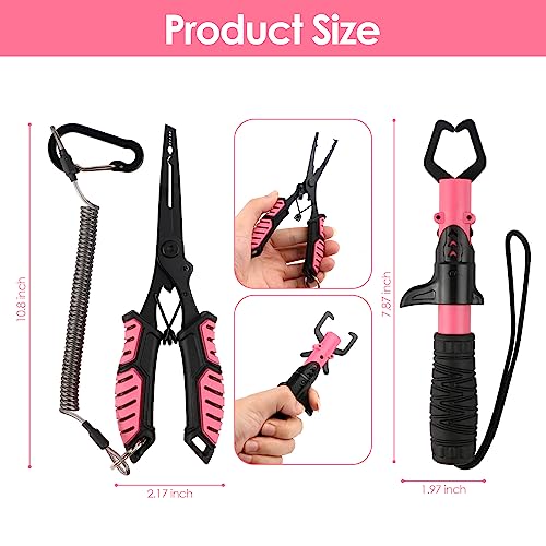 mouhike Fishing Pliers Fish Lip Gripper Fishing Tool Kit Muti-Function Saltwater Fishing Line Cutter Hook Remover with Sheath Lanyard, Fly Ice Fishing Gear Fishing Gifts for Men Women - color: Pink & Black