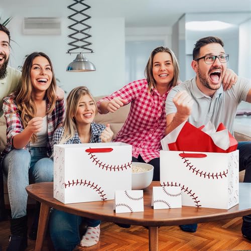 Hooqict Baseball Gift Bag Baseball Birthday Party Gift Wrapping Bag with Handles, Tissue Paper, Greeting Card for Kids Boys Men Sport Themed Birthday Party Favors Supplies - color: White Baseball