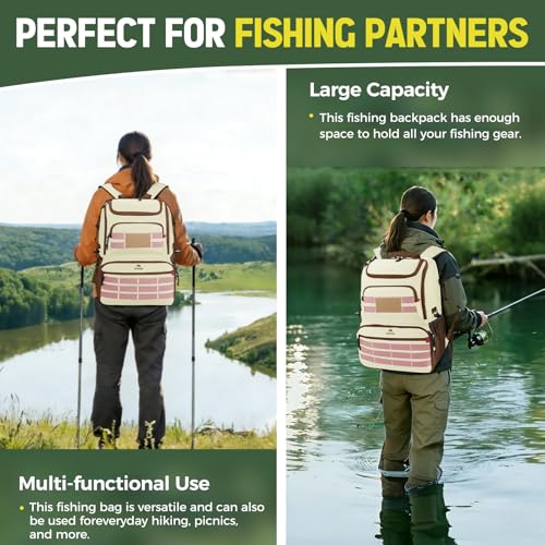 MATEIN Fishing Backpack Tackle Box, Water Resistant Tackle Backpack with Cooler & Rod Holders, Fishing Gifts for Men - color: Beige & Brown & Pink