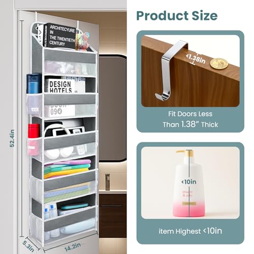 Easy Assembly Over The Door Organizer, 5 Shelves& 8 Side Pockets, Heavy-Duty Reinforced Mesh Rack Holds 44lb, Hanging Behind Door Storage for Bathroom Pantry, Nursery, Closet, Shoes, Towels-Grey - color: Grey, size: 5 shelf