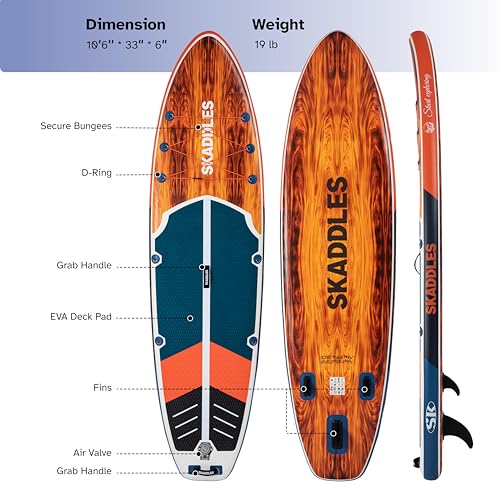 10’6’’ Inflatable Stand Up Paddle Board (SUP) for Adults and Youth with Non-Slip Deck – Complete Accessories Kit, for Fishing, Yoga, Fitness & Family Fun - color: vibrant orange wood grain