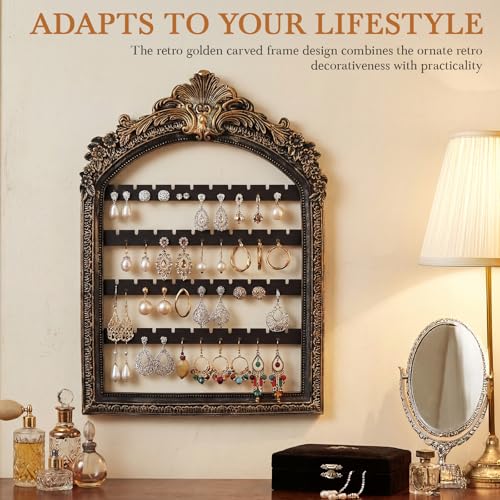 13 x 9.3'' Wall Hanging Earring Holder Black Vintage Jewelry Frame Organizers 4 Layer Wall Mounted Earrings Display Rack with Hooks Decorative Retro Jewelry Display for Necklaces - color: Black, size: 13 x 9.3''