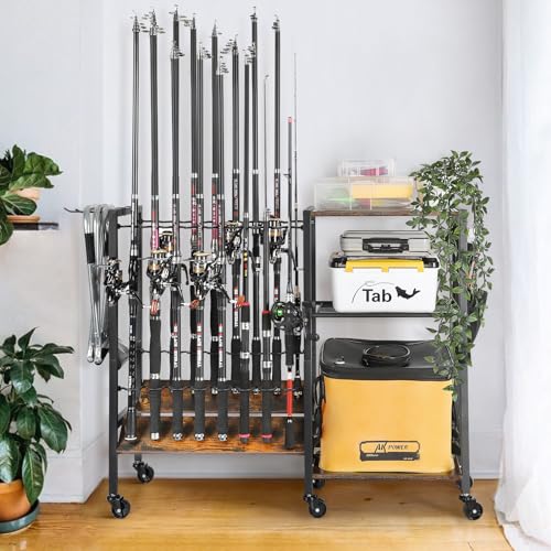 Olakee Fishing Rod Holders, Rolling Fishing Rod Rack for Garage & Boat, Tackle Box & Reel Holder Cart, Easy Assembly Fishing Gear Management System, Ideal Birthday Gift for Men Dad Anglers - color: 16 Rods,Carbonized Black