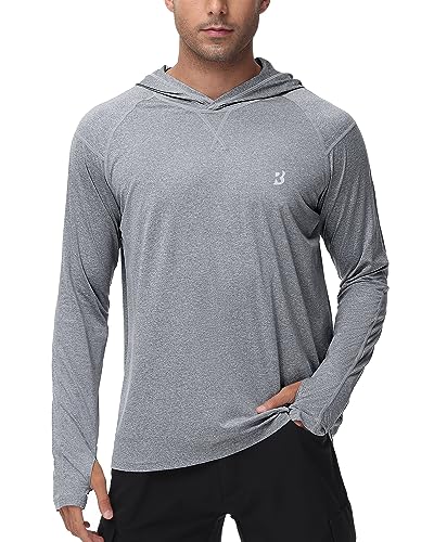 Roadbox Mens UPF 50+ Fishing Shirts, Long Sleeve UV Sun Hoodie, Hiking Running Swim Athletic Workout Shirt - color: A02-gray, size: Medium