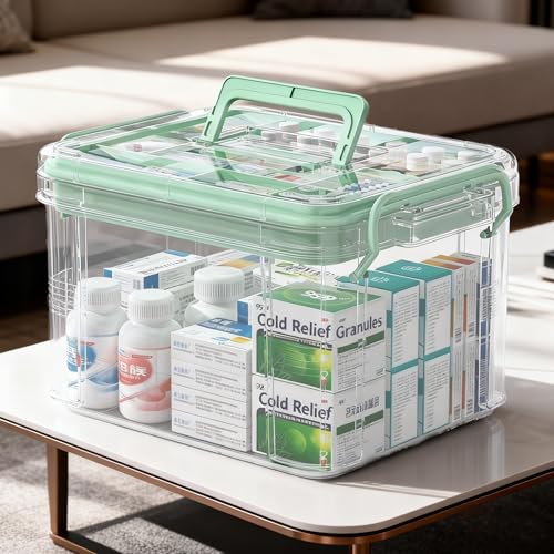 UFI Clear Medicine Storage Box with Lids, 2 Pack Portable First Aid Organizer with Handle, Stackable Storage Containers for Family Medical Supplies, Bathroom, Bedroom, Office(GREEN)
