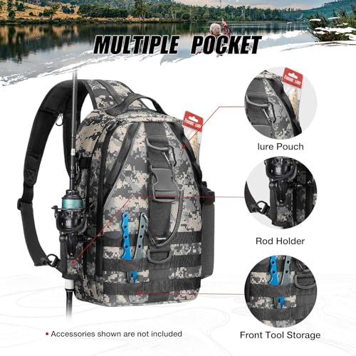 Piscifun Fishing Backpack with Rod Holder, Lightweight Sling Bag Storge Gear and Equipment - color: Digital Camouflage, size: Large, style: Latch