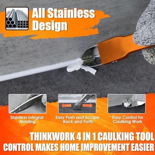THINKWORK Caulking Tool Kit, 4 in 1 Caulk Remover Tool, Stainless Steel Caulk Tool for Kitchen Bathroom Window Sink Tile Joint, Orange - color: Orange