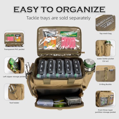 Ghosthorn Fishing Tackle Bag with Rod Holder Saltwater & Freshwater Resistant Tackle Box Bag - Waterproof Base, Adjustable Padded Shoulder Strap (Khaki) - color: Khaki--Waterproof Bottom, size: Standard