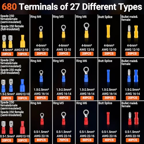 Preciva Crimping Tool for Insulated Terminals Wire Connectors, AWG20-10 Ratchet Crimper with 680 Pcs Insulated Terminals Connectors