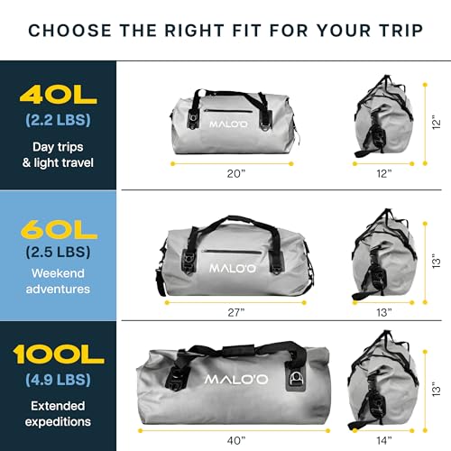 Malo’o Waterproof Dry Duffel, Heavy-Duty Roll Top Waterproof Gear Bag with Shoulder Strap & Molle Loops, Marine Duffel for Kayaking, Boating, Camping, Beach & Travel, Grey, 60L - color: Grey, size: 60L