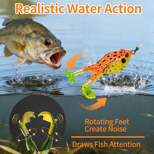 Keenjorika Soft Frog Fishing Lures 3 Pack, Topwater Floating Weedless Frog Baits with Rotating Kicking Legs, Lifelike Soft Swimbaits for Bass, Trout, Snakehead Fishing, Freshwater & Saltwater - color: 2/4/5/7/10