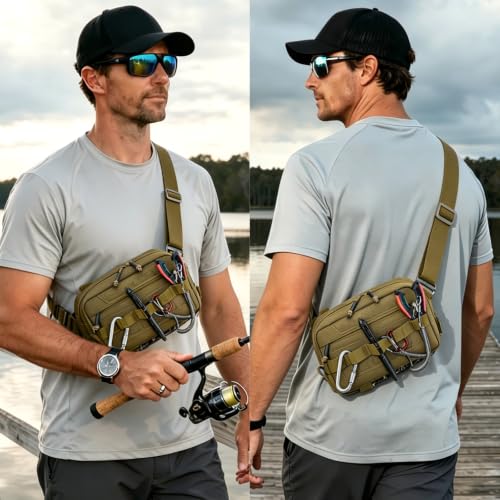 Outdoor Chest Bag for Men, Water-Resistant Fishing Chest Pack, Tactical Vest for Running, Cycling, Hiking - color: Khaki