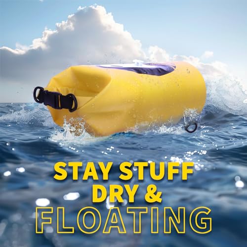 FELICON Waterproof Dry Bag Backpack with Bluetooth Speaker, 10L Roll Top Floating Sack, Solar & USB-C Powered Emergency Charger, RGB Light, Heavy Duty PVC for Kayaking Camping, Yellow - color: Yellow, size: 10L
