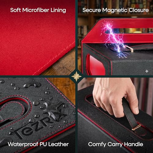 4-Row Mtg Trading Card Storage Box With Display Windows - Magnifier Ruler, 2 Display Stands, 6 Cardholders - 3000+ Card Case With Magnetic Closure, Sports TCG Card Organizer - Red Card Boxes - color: Black, Red (4 Row)