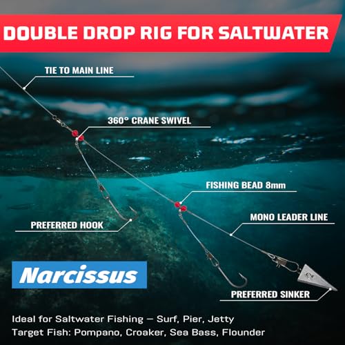 Narcissus Double Drop Saltwater Fishing Rig – Mono 2 Hook Bottom Rigs with Swivels & Snaps, Pre-Tied Surf Pier Boat Leader Line for Snapper, Bass, Mackerel, Catfish - color: Double Drop Rig-12