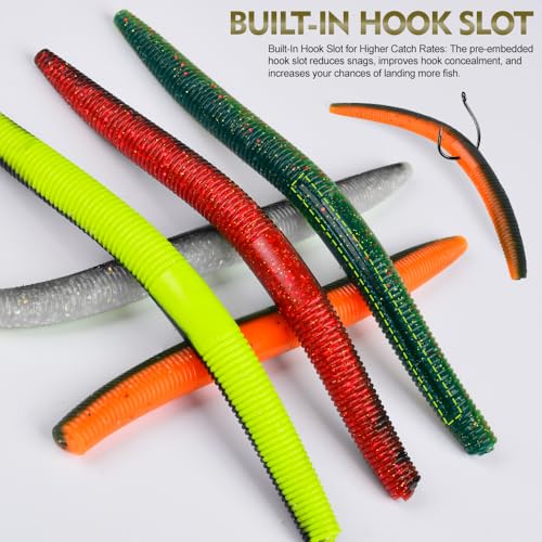 Soft Plastic Worm Bass Fishing Lures, 4"/5" 50/100pcs Plastic Fishing Lure Wacky Worm Rig + 10pcs Grub Baits Hook, Soft Worms Lure Set for Bass (110 Pack) - color: 061-60PCS-4 Inch