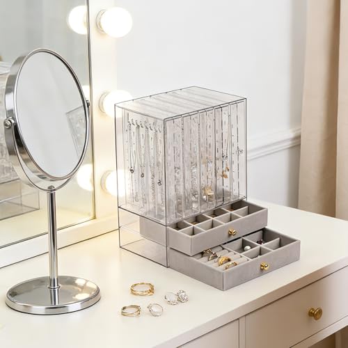 Greenfeather Jewelry Organizers and Storage, Clear Acrylic Jewelry Box with 40 Necklace Hooks 120 Pairs of Earring Holes 2 Velvet-Lined Drawers for Rings Necklaces Earrings - color: Gray-Style A