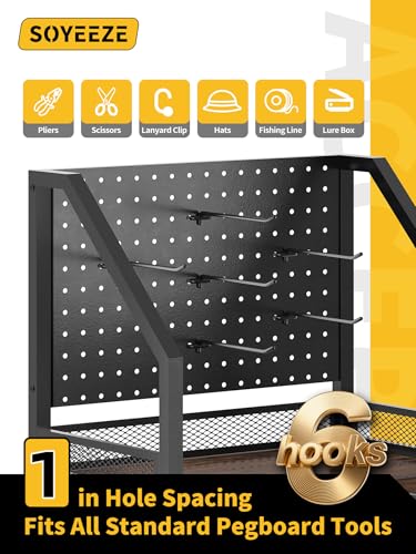 SOYEEZE Fishing Rod Holders for Garage, Fishing Pole Holders Up to 12 Rods with Pegboard and Hooks,Rolling Fishing Cart with Wheels, Fishing Gear Storage For Tackle Box & Reel Organization - color: Black-3-Sided, size: 3-Sided 6 hooks