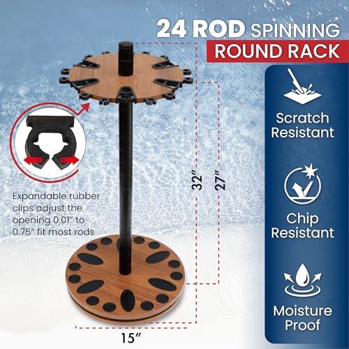 Rush Creek Creations Fishing Rod Holder - 360 Spinning Rack for Garage Organization and Storage, Pole Holder for Reels, Gear, Accessories, Tackle Box - color: Dark Walnut, style: 24 Spinning