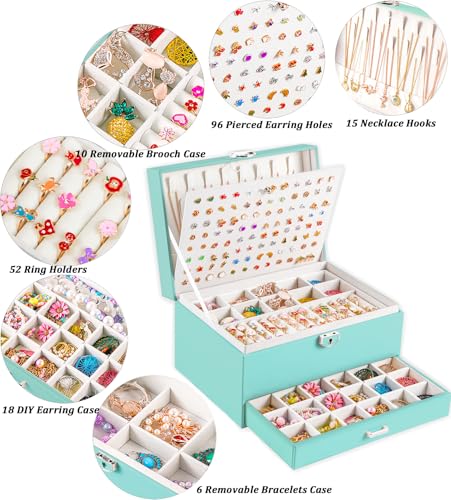 QBestry Earrings Jewelry Box for Girls, 5 Layers Jewelry Organizer with Earring Holder Organizer for Girls Earring Organizer Jewelry Boxes for Women Earrings and Necklaces Jewelry Box Organizer Teal - color: Teal, size: Large