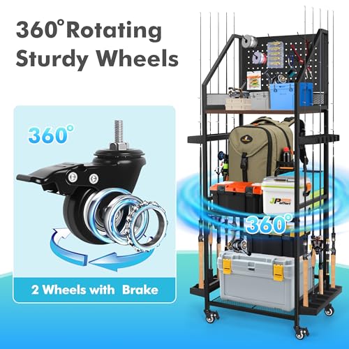 Fishing Pole Holders for Garage,3 Tiers Fishing Rod Rack,Holds up to 12 Rods,Fishing Organizer with Pegboard&Hooks&Lockable Wheels,Fishing Pole Storage for Reel Combos/Tackle/Fishing