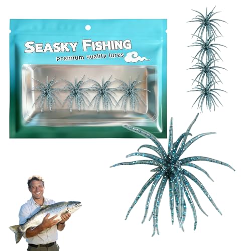 4Pcs Dice Bait, Floating TPR Swimbait with Reflective Stars,Tentacle Creature Lure, Sea Urchin Style Soft Plastic Baits, for Bass Fishing Drop Shot, Wacky Rig/Neko Rig and Finesse, Slow Sinking - color: Sea Blue(S), size: 6cm/2.34inch