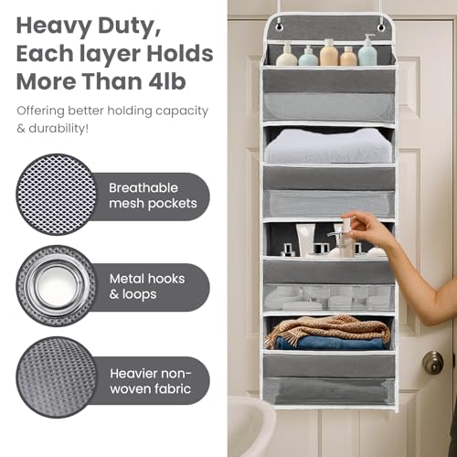 Over The Door Organizer with LifetimeWarranty, 4 Shelves & 4 Side Pockets, Large Storage Rack Holds 44lb, Heavy-Duty Reinforced Mesh Shelf for Bathroom, Closet, Toy Organization, Shoes, Towels, Grey - color: Grey, size: 4 shelf