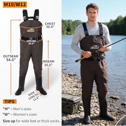 Fishing Waders for Men & Women, Waterproof 2-Ply Nylon/PVC Chest Wader with Boots for Outdoor Sizes 4-13 Bootfoot - color: Brown, size: US-M10/W12