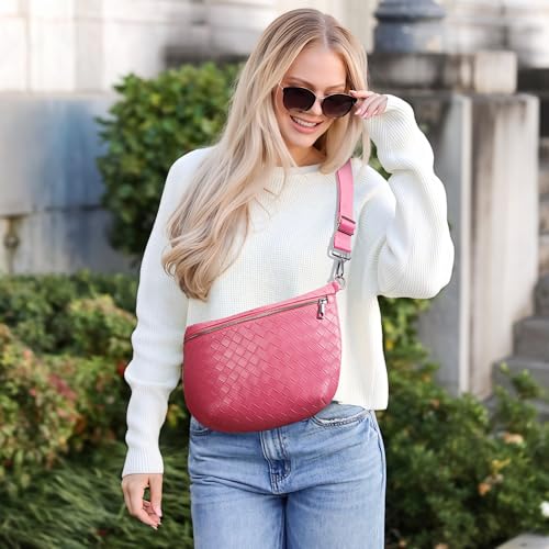KALIDI Woven Crossbody Bags for Women Travel Vegan Leather Fanny Packs for Woman Cross Body Purse Fashion Belt Bum Bag with Wide Strap - color: Pink