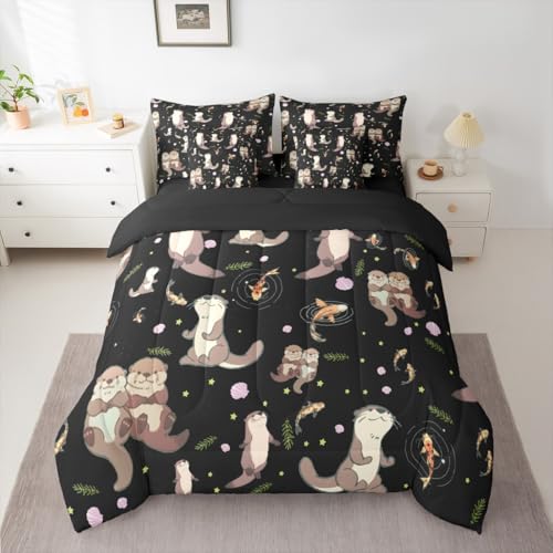 Erosebridal Sea Otters Comforter Set with Sheets Twin Size Koi Fish 7-Piece Bedding Set for Kids Boys Girls Lap Otter Cute Natural Farmhouse Leaves Beige Black Lightweight Bed in A Bag - color: Beige Black, size: Twin