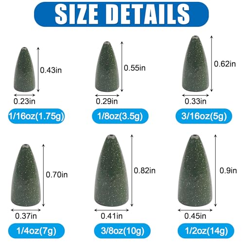 Fishing Weights Sinkers,30/50 Pack Lead Bullet Sinker Worm Weight Bass Fishing Texas Rig Carolina Rigs Slip Sliding Weights Freshwater Saltwater - size: Mix 6 Size - 55pcs