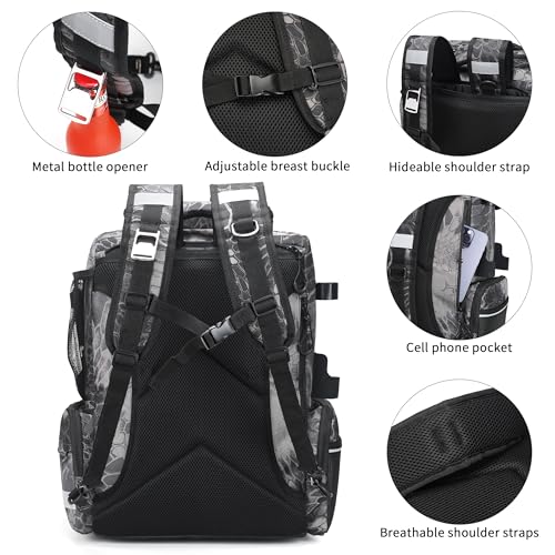 Rabjen Fishing Tackle Backpack, 45L Storage Waterproof Travel Bag Store Fishing Gear with Insulated Top Pocket