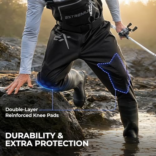 Extremus MarshPro Fishing Waders for Men, 100% Waterproof PVC Chest Waders with Slip-Resistant Boots - color: Black, size: 5