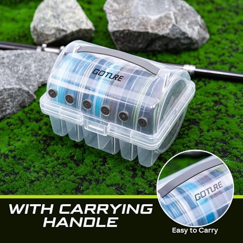 Goture Fishing Line Storage Box 1/2Pcs, 6(2 Large + 4 Standard) Slots Fishing Line Case, PP Clear Visibility Fishing Line Organizer, Silicone Holes Line Spool Box - style: 1set - 1pc Spool Storage Box + 6pcs Fishing Line