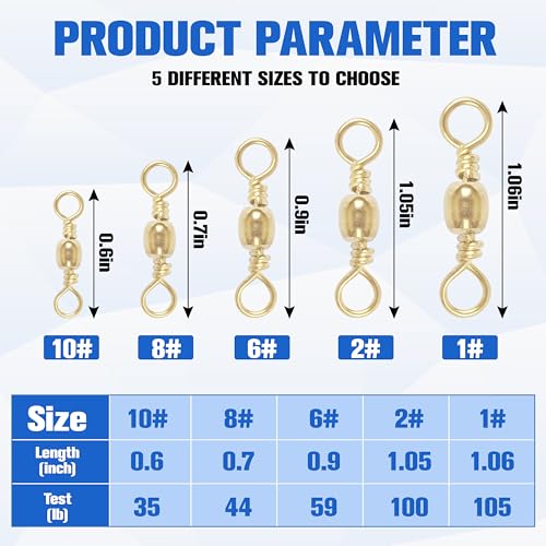 Fishing Barrel Swivels - 50/100 pcs Rolling Ball Bearing Fishing Swivel with Solid Ring Hook Line Connector Copper with Stainless Steel Gold Nickle Coated Test Strength 35-105lbs - size: 6#