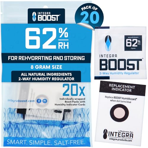 Integra Boost 62% RH, 2 Way Humidity Control Packs – 8g Size for Storing Up to 1oz – Pack of 20 Moisture Absorbers for Small Jars & Containers – Humidifier Packets for Herbs & Spices in Resealable Bag - size: Pack of 20