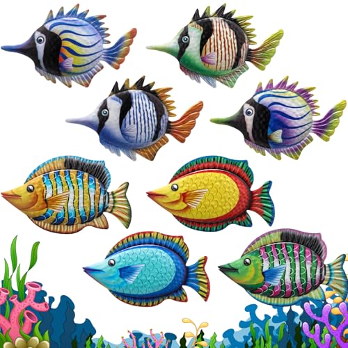 Tandefio 8 Pcs Metal Wall Decor Wall Art Hanging Decorations Outdoor Indoor Sculptures for Garden Fence Pool Home Porch(Fish) - style: Fish