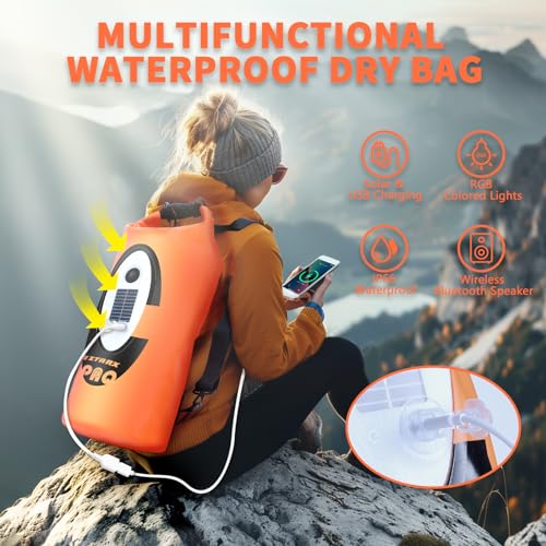 FELICON Waterproof Dry Bag Backpack with Bluetooth Speaker, 10L Roll Top Floating Sack, Solar & USB-C Powered Emergency Charger, RGB Light, Heavy Duty PVC for Kayaking Camping, Orange - color: Orange, size: 10L