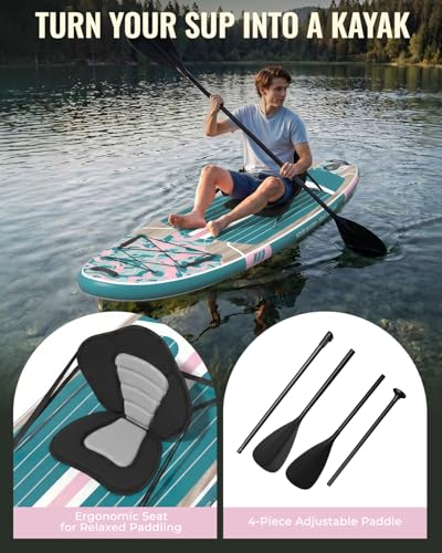 11ft Inflatable Stand Up Paddle Board, Wood Grain Ultra Lightweight SUP, 430lb Capacity for Adults Youth Family, for Fishing Surfing Camping, Includes Backpack & Pump - color: Pink Grained Grey Wood with Seat