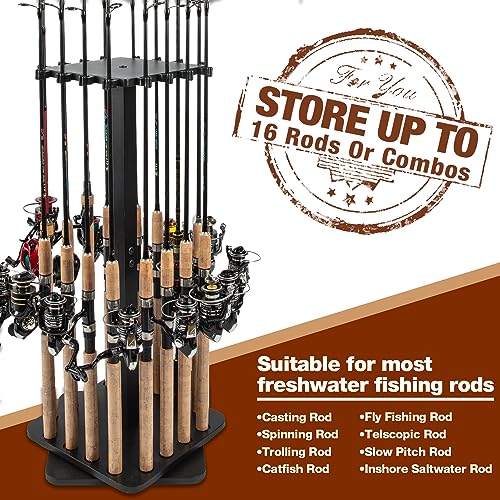 Ghosthorn Fishing Rod Holders for Garage 360 Degree Rotating Fishing Pole Rack, Floor Stand Holds up to 16 Rods Wood Fishing Gear Equipment Storage Organizer, Fishing Gifts for Men Women - style: black