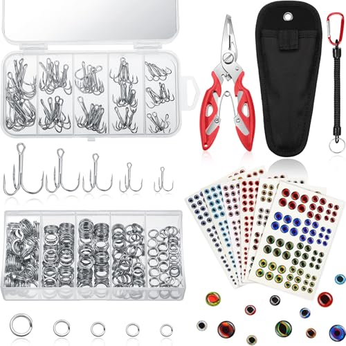 Skylety 200 Pcs Fishing Stainless Steel Split Rings, 50 Treble Hooks, Lure Tackle Connector Fishing Pliers, Fish Lanyard and 876 Lure Eyes for Tackle Fish - color: Red
