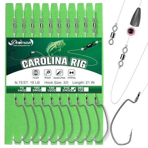 Dovesun 10/5PCS Ready Tied Carolina Rig Kit for Bass Fishing Catfish Rig Catfish Hook Kit with Bass Hooks, Swivel, Fluorocarbon Line, Weights - color: 10PCS, size: Size3/0 - Weight3/4oz