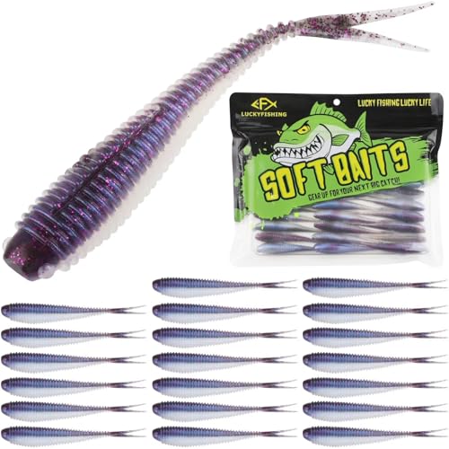 LUCKYFISHING Soft Plastic Baits 20PCS/30PCS/40PCS Forked Tail Fishing Soft Bait for Bass Walleye Trout Crappie Lures 3in/3.5in/4in - color: Purple Pearl, size: 4in-20pcs