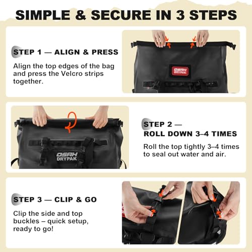 OSAH DRYPAK Waterproof Duffel Bag 25L/40L/60L – Heavy-Duty Motorcycle Tail Bag, Roll-Top Dry Bag for Travel, Camping, Boating, Kayaking, Outdoor Adventure - color: BLACK, size: 40L