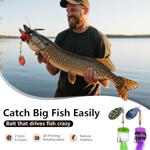 THKFISH Musky Pike Walleye Fishing Lure, Rooster Tail Fishing Lures with Hard Metal Brass Inline Spinner Baits with Tackle Box for Trout Bass Salmon Freshwater Saltwater Lures - color: Black&Blue, size: 1 oz---2pcs