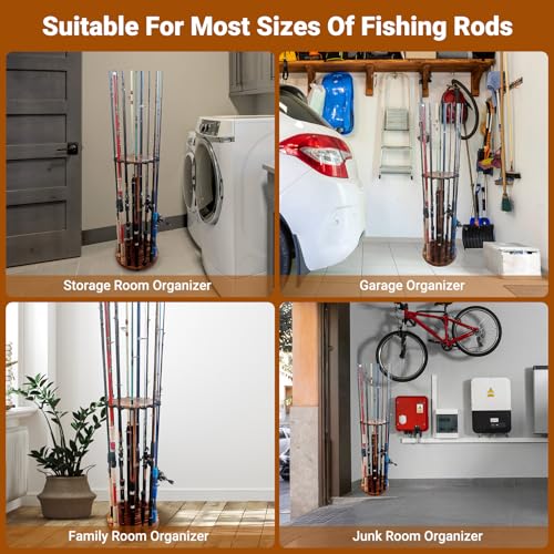 SMMYMGF Fishing Pole Holders for Garage, Wood Rod Holder Rack for 15 Rods | wood freestanding floor stand, with soft clips holds up to 15 rods, space-saving garage & home rod organizer, fishing gift - color: store 15 fishing rods or combos